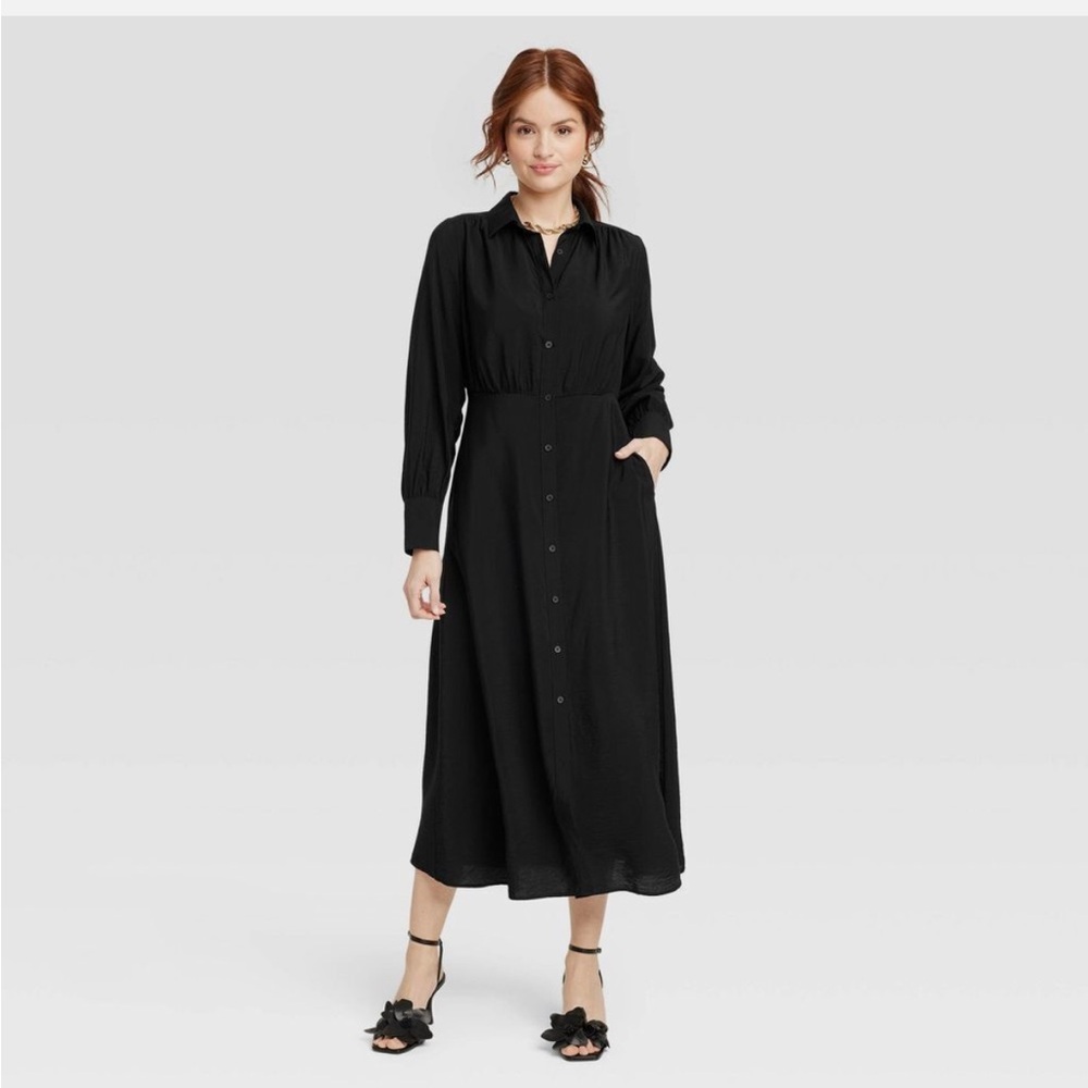 A New Day Women's Long Sleeve Crepe Collared Midi Shirt Dress Size Large